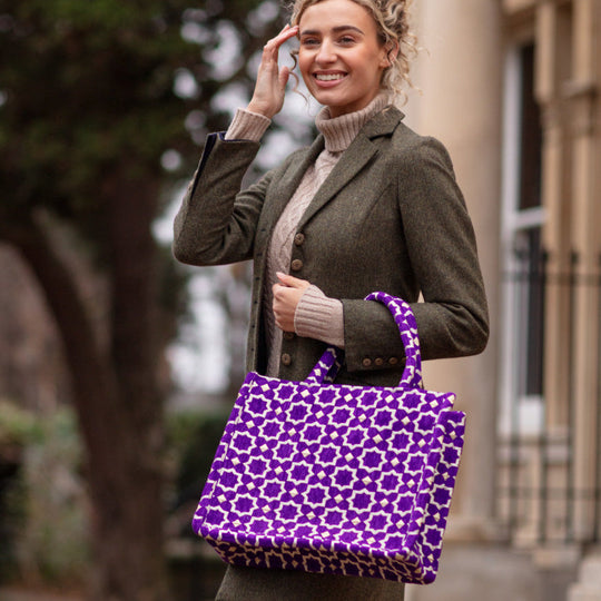 Moroccan Geometric Print Fabric Tote Bag in Purple