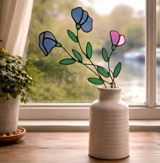 Handmade Stained Glass Sweet Pea Stem – Light Violet Iridescent Tiffany Style Flower