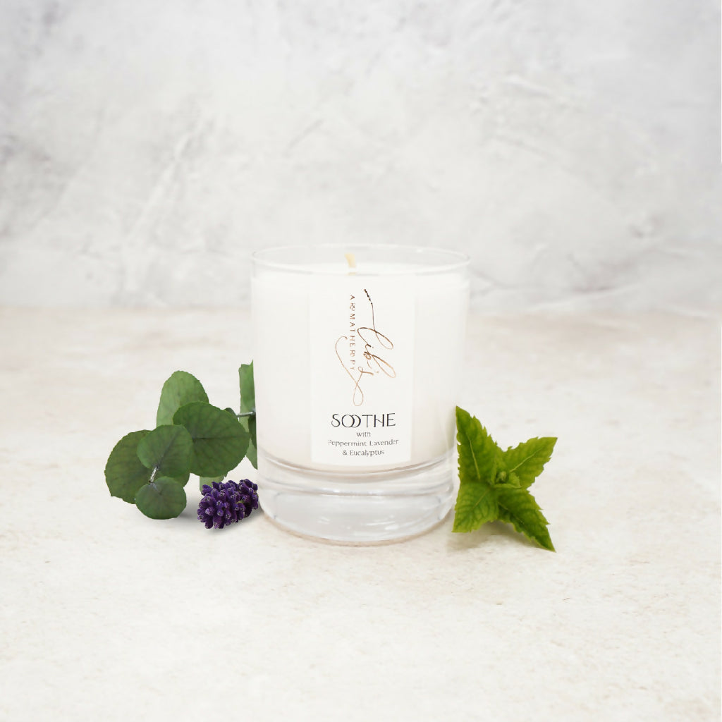 A soothing scented candle with peppermint and eucalyptus