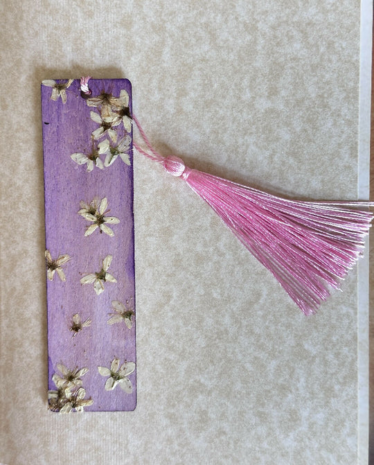 Cute Rustic Country Style Purple Tinted Floral Cottage Core Bookmark with Pink Tassel