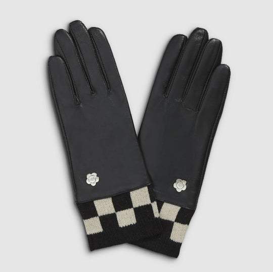 Checker Knitted Cuff Black Leather Gloves