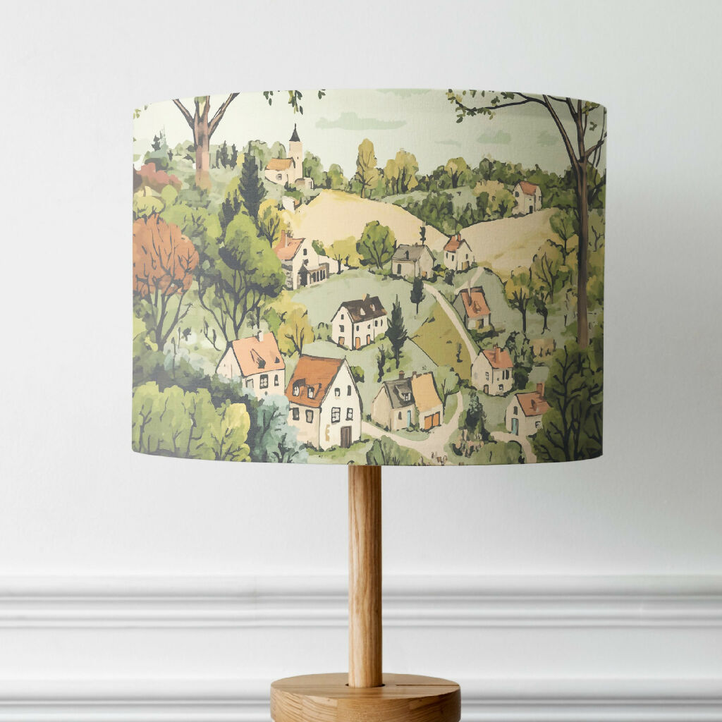 english landscape houses village countryside illustration lampshade handmade lampshade cath kitson style print table lamp floor standard lightshade pastel green lampshade