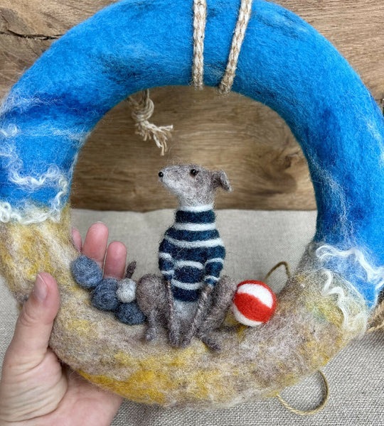 Coastal Needle-Felted Greyhound in Striped Jumper on Seaside Wreath