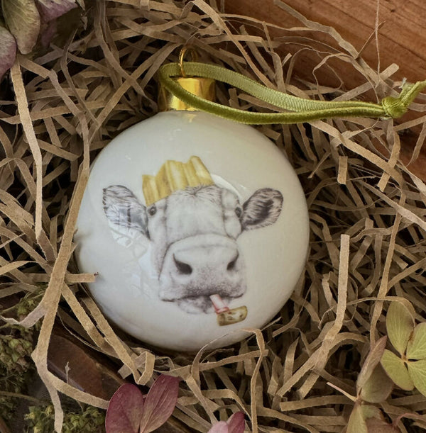 Fine Bone China Festive Guernsey Cow Christmas Bauble Decoration