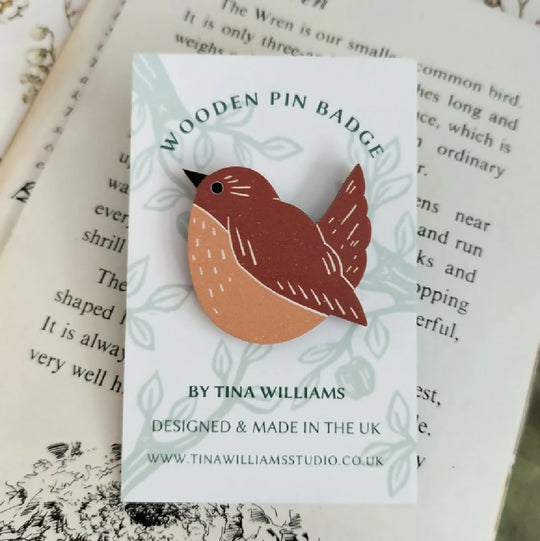 Wren - Wooden Brooch Pin Badge