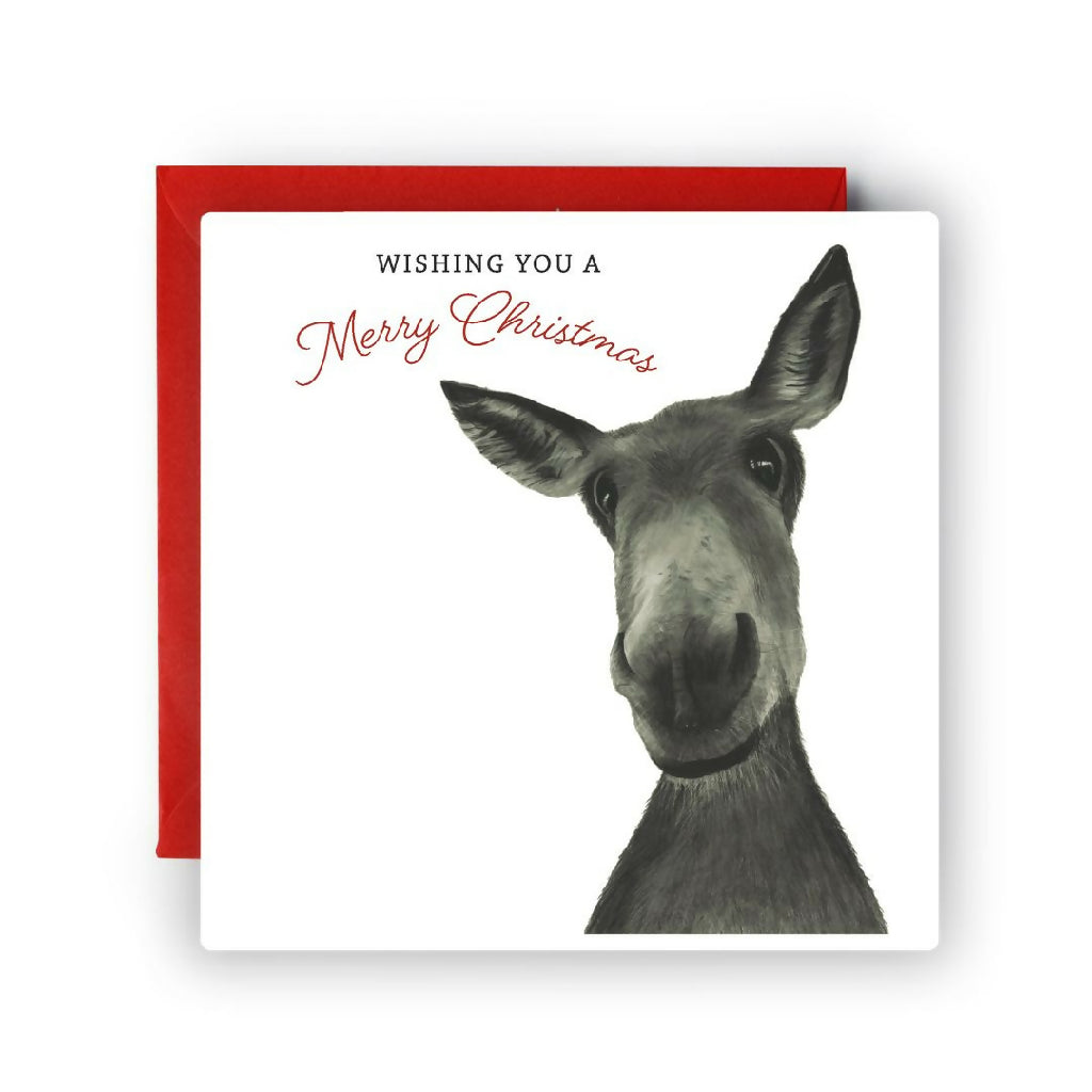 Cute donkey wearing a Santa hat Christmas card illustration
