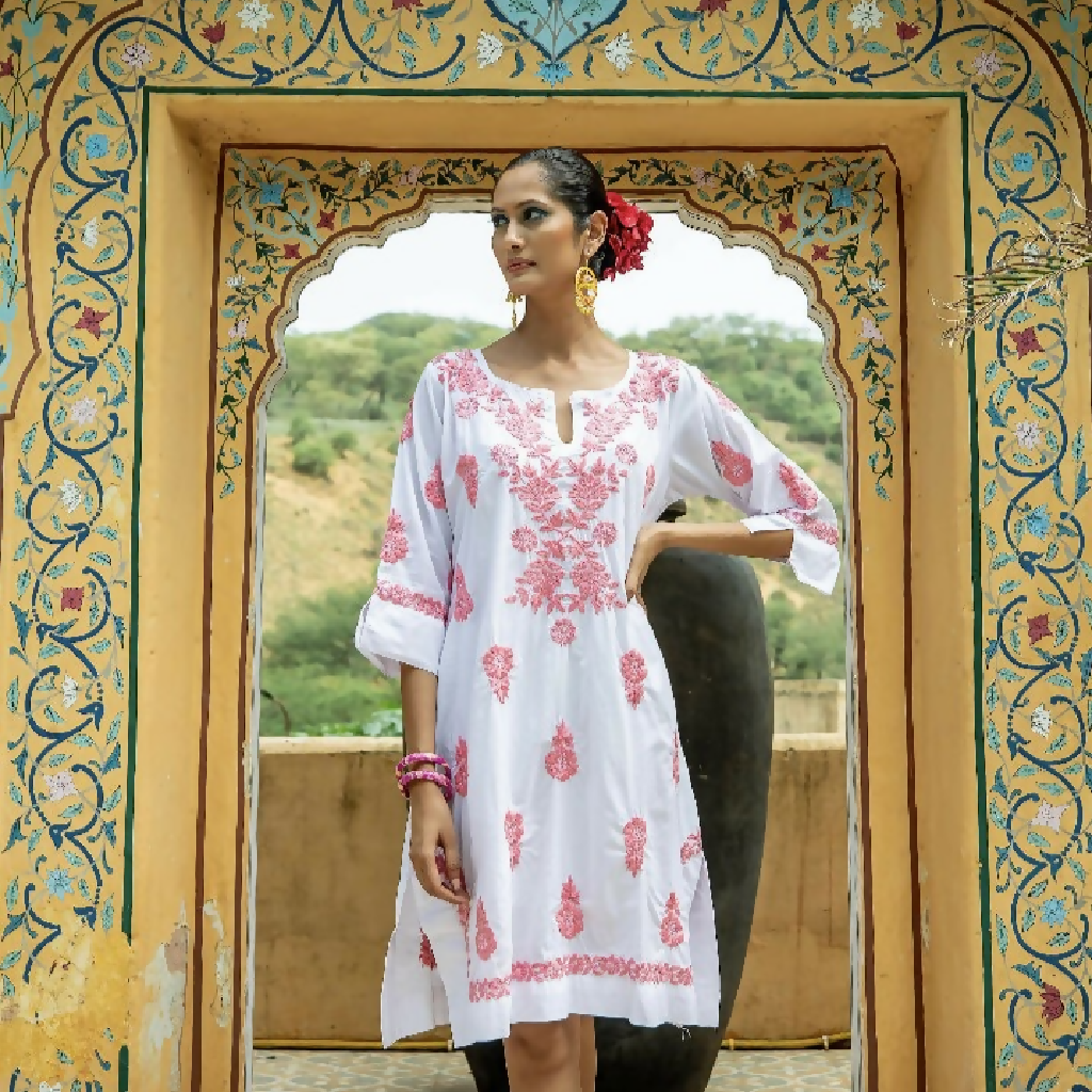 White Harriet Dress with Pink Hand Embroidery