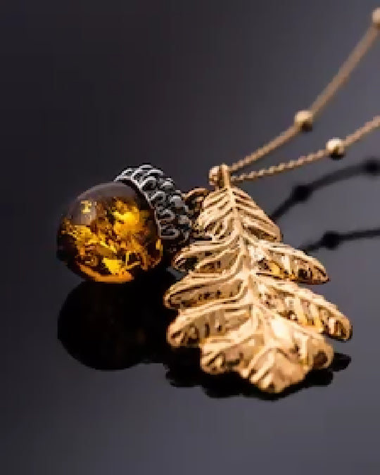 Sterling Silver Amber Acorn and Oak Leaf Pendant