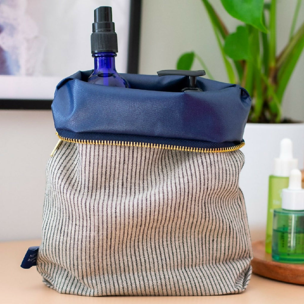 Striped Blue/Natural Linen Toiletry Bag