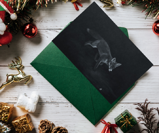 Red Fox winter greetings card/Christmas card, A6 size, black and white