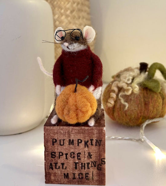 Needle Felted Mouse Figurine - Norbert with Pumpkin & Glasses Fall Decor