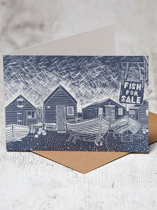 Fisherman's Huts Southwold, A6 Lino Print Greeting Card