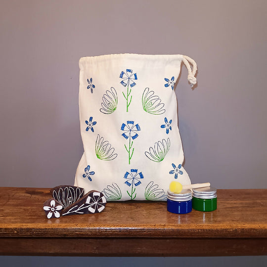 Floral drawstring bag wood block printing kit