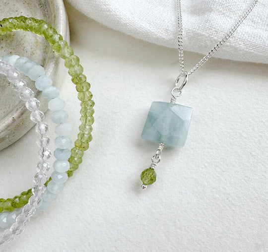 Spring Token Pendant Necklace with Aquamarine and Peridot