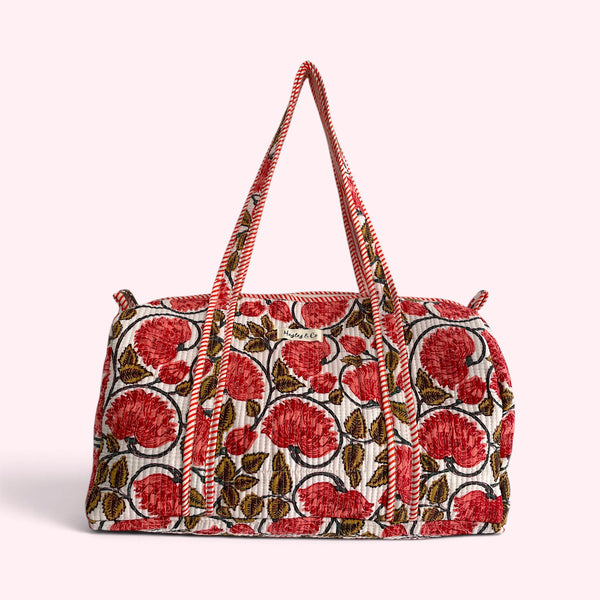 Red Floral Block Print Cotton Quilted Weekend Duffle Bag