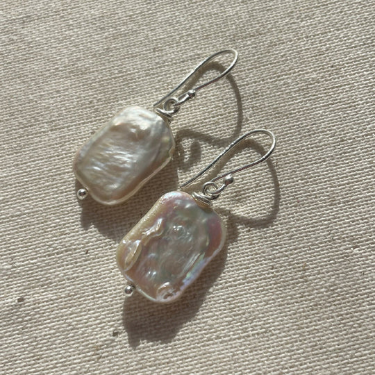 Rectangle Coin Freshwater Pearls Sterling Silver Earrings