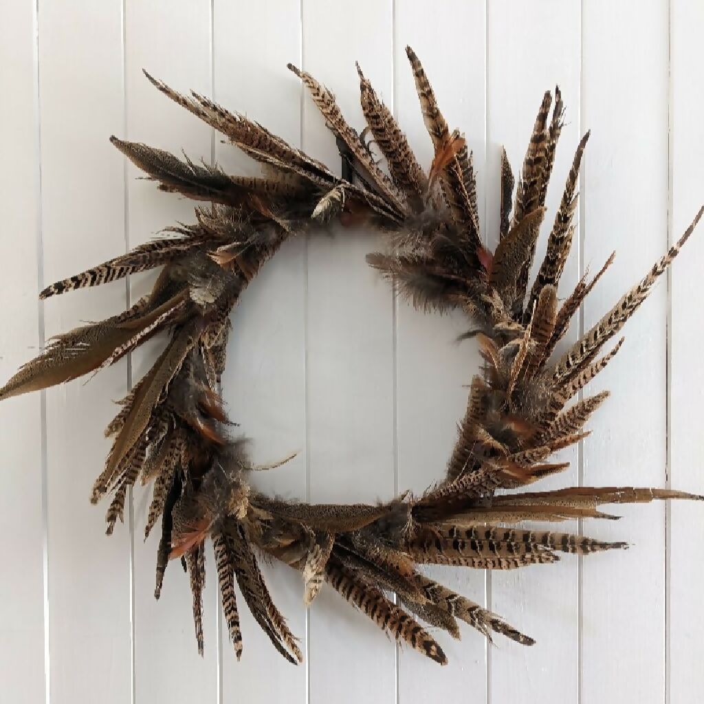 Feather Wreath with Pheasant Feathers on Slim Brass Metal Frame