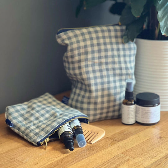 Sea Green Check Linen Toiletry Bag