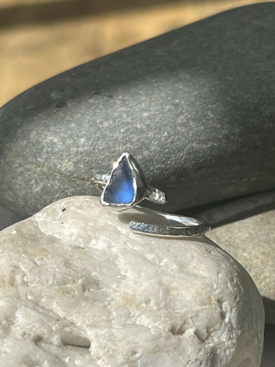 Adjustable handmade cobalt blue sterling silver sea glass ring
