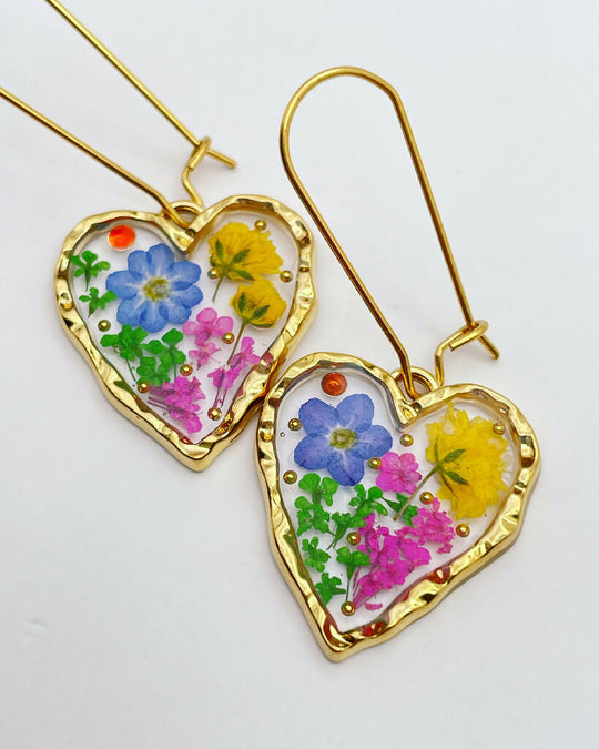 Heart earrings with forget-me-not flowers