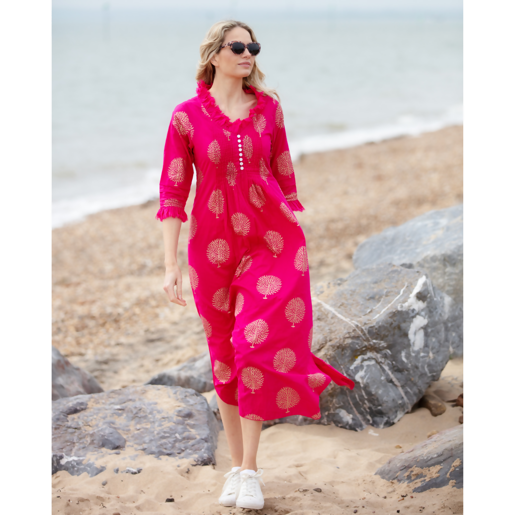 Cotton Annabel Maxi Dress in Fuschia & Gold