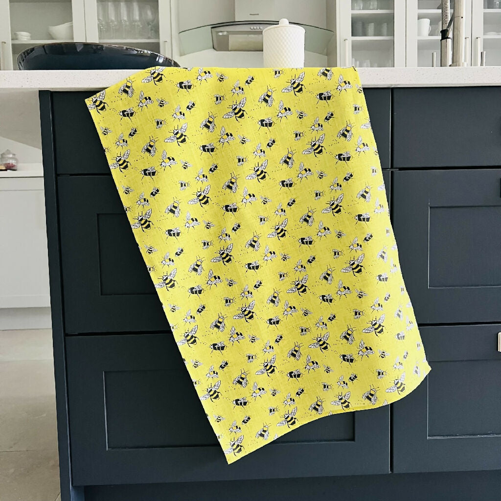 yellow bee linen tea towel