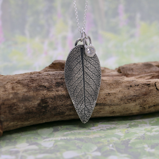 Silver Sage Leaf Necklace with Cubic Zirconia Charm