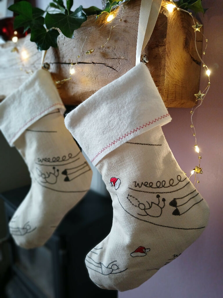 Small Linen Stocking with Hand-Stitched Detail, Front and Reverse