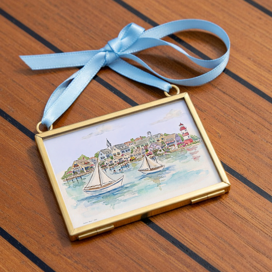 New England Coastal Village Mini Brass Frame Wall Art  Beach House Decor Lighthouse Sailboat Illustration