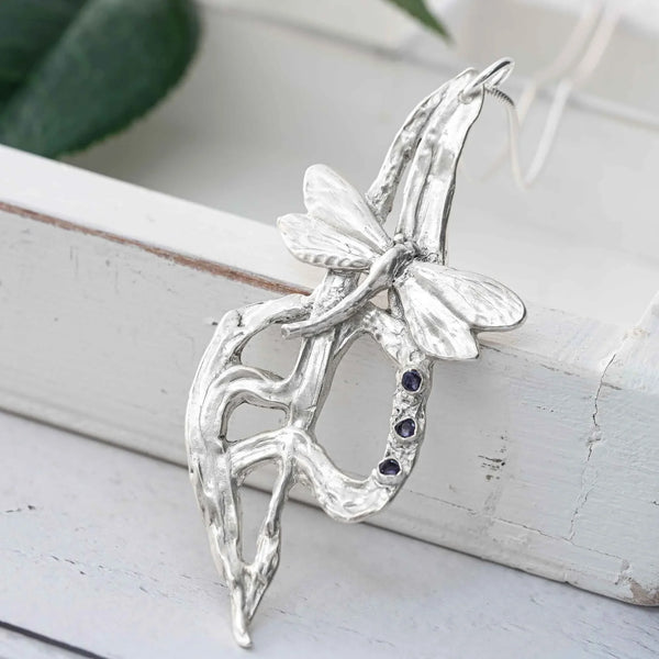 Silver Dragonfly on Waterfall Pendant with Iolite Gemstones