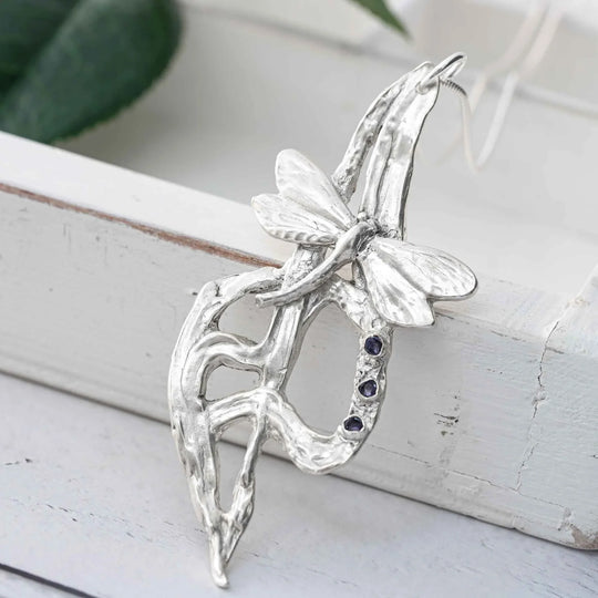 Silver Dragonfly on Waterfall Pendant with Iolite Gemstones