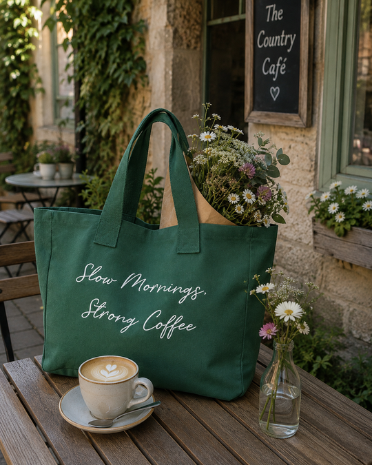 'Slow Mornings, Strong Coffee' Slogan Canvas Tote - in Caramel or Forest Green