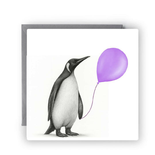 Floating Fun: Cute Penguin with Purple Balloon Greeting Card