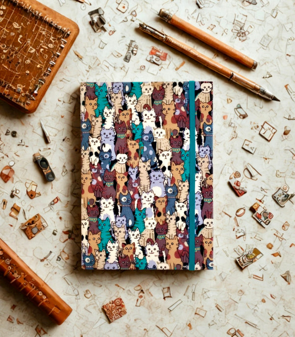 Feline Motif A5 Hardback Fabric Notebook and Journal