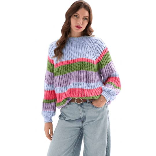 Steph Chunky Stripe Balloon Sleeve Jumper - Blue