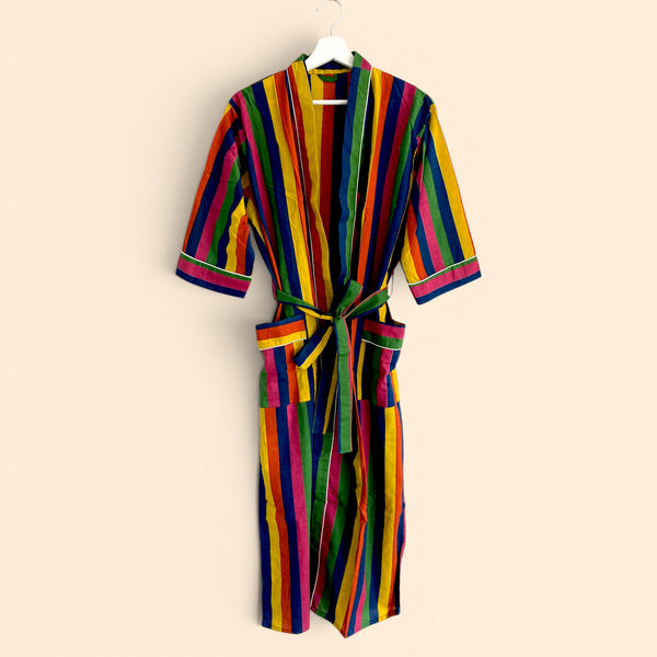 Rainbow Stripe Print 100% Cotton Dressing Gown