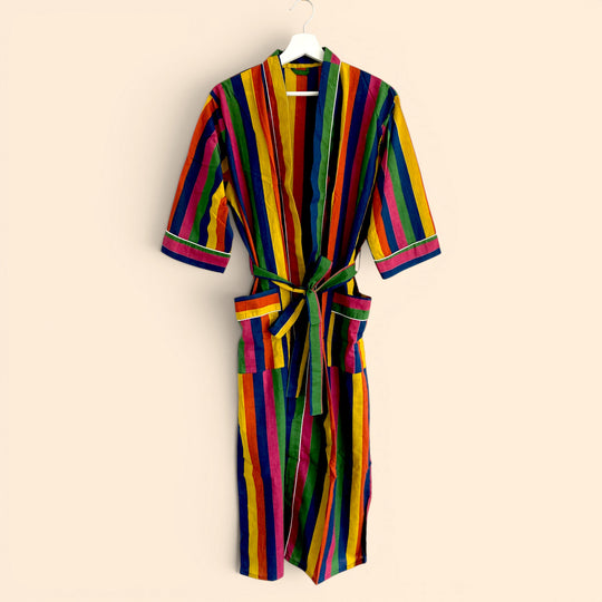 Rainbow Stripe Print 100% Cotton Dressing Gown