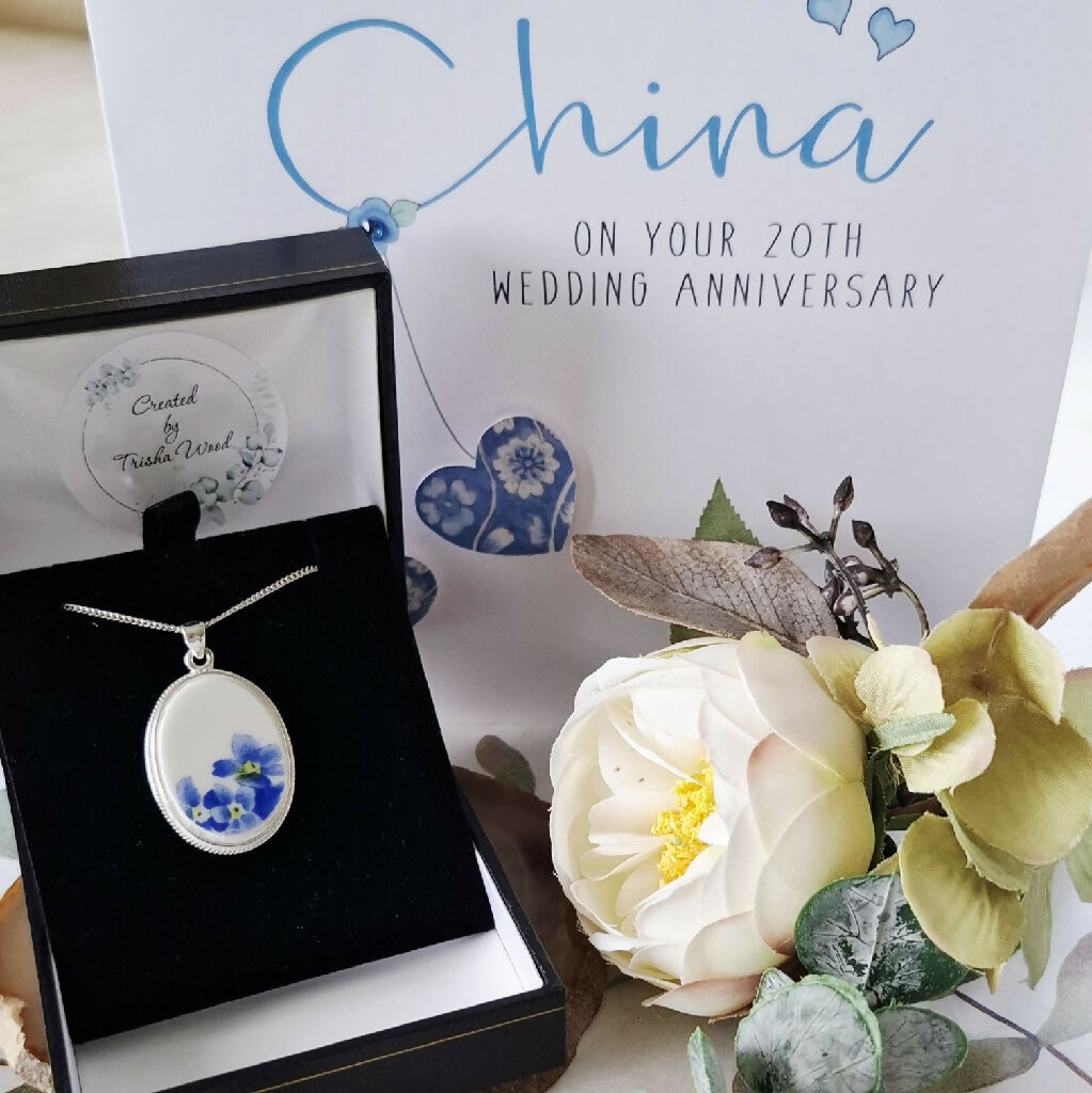 Forget me not broken china with crest silver pendant
