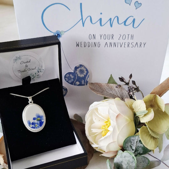 Forget me not broken china with crest silver pendant