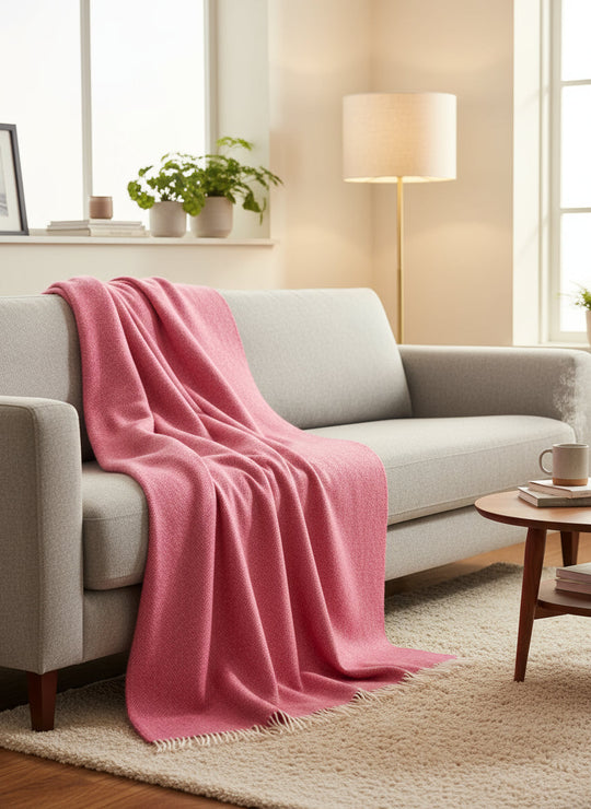 Herringbone Pure Wool Throw in Fuchsia