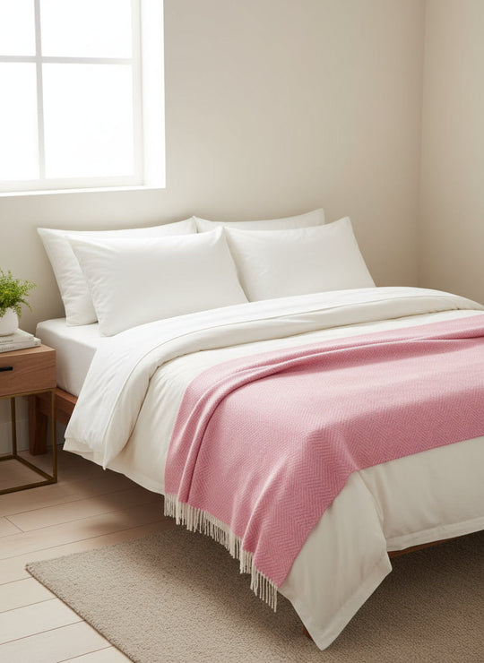 Herringbone Pure Wool Throw in Pale Pink