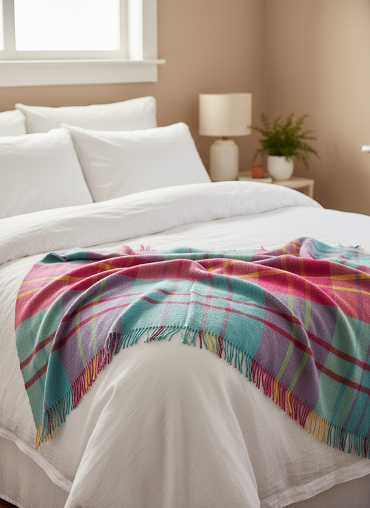 Hypoallergenic Stormness Design Shetland Wool Throw ~ Mint Green/Cerise