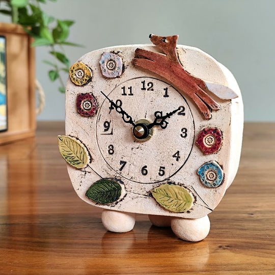 Small Mantel Clock With Fox, Meadow, Leaves
