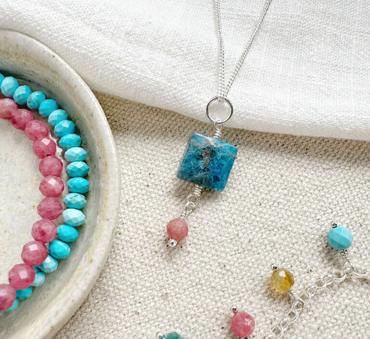 Summer Token Pendant Necklace with Apatite and Rhodochrosite