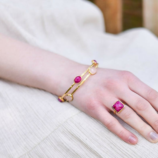 Ruby Quartz Gemstone Bangle in Gold Plated Sterling Silver