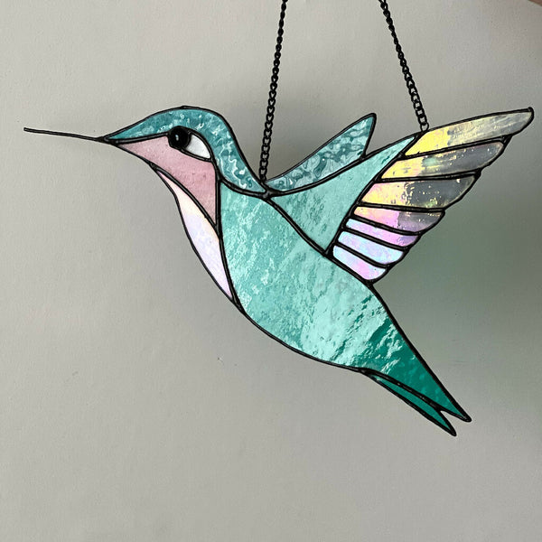 Oversized Stained Glass Hummingbird art in teal and pink