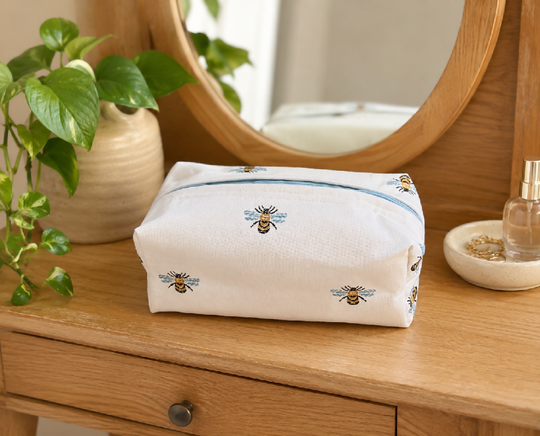 Handmade White  Bee fabric  Wash Bag – Travel Toiletries