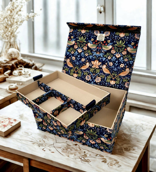 Handmade Strawberry Thief Navy Box | William Morris Fabric Organiser with Magnetic Closure