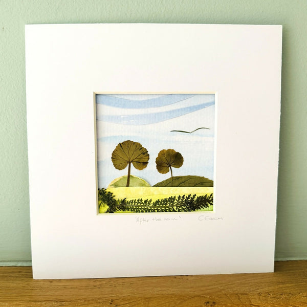Original abstract watercolour collage using real pressed leaves and flowers