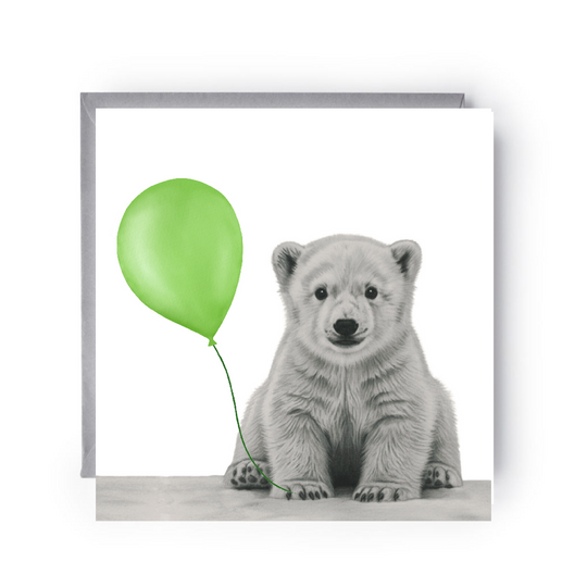 Arctic Party! Cute Polar Bear with Green Balloon Greeting Card